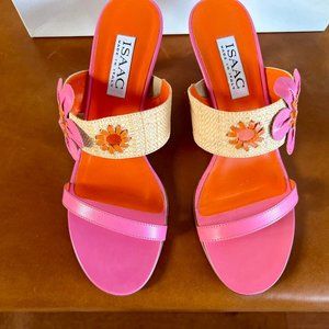 Isaac Mizrahi Hot Pink Leather & Raffia Sandals